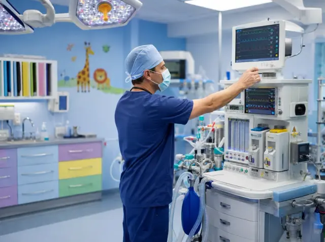Anesthesiologist at equipment monitor in pediatric operating room